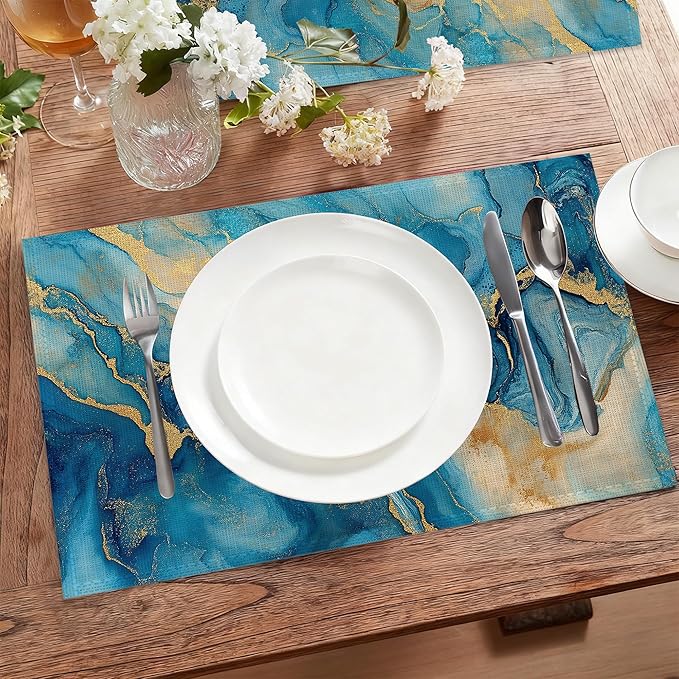 Blue Gold Marble Table Placemats Set of 6,Non-Slip Modern Abstract Fabric Placemats for Dining Room Kitchen Party Holiday, Indoor Cloth Table Mats for Home Decor 11.8x17.7 Inch