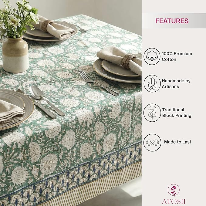 ATOSII Jade 100% Cotton Rectangle Boho Fall Tablecloth, Handblock Floral Table Cloth Linen for Kitchen Dining I Parties Wedding Outdoors Christmas Thanksgiving I 72 X 140 Inches I 12 Seater