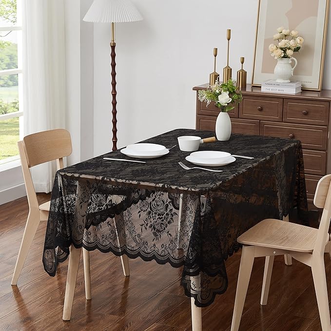 Warm Home Designs 60 x 104 Lace Tablecloth. Black Rectangle Tablecloth with English Rose Design. Rectangular Tablecloth, Rustic Tablecloth or Dining Table Cover for 8-10 Guests. LTC Black 104"