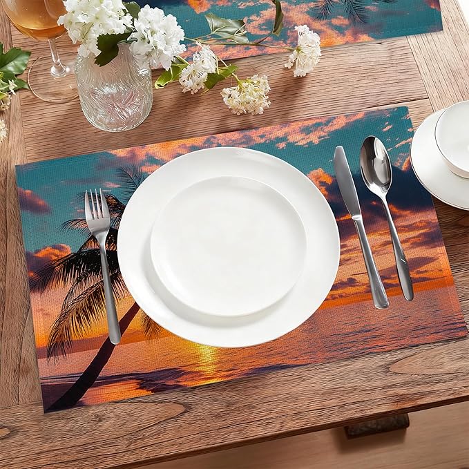 Tropical Palm Tree Table Placemats Set of 6,Non-Slip Summer Beach Sunset Fabric Placemats for Dining Room Kitchen Party Holiday, Indoor Cloth Table Mats for Home Decor 11.8x17.7 Inch