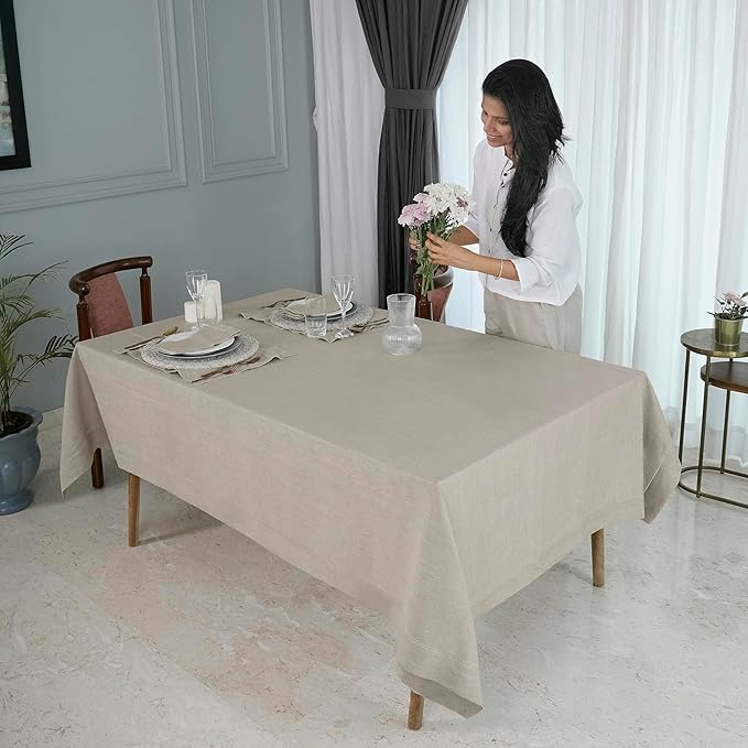 D'Moksha Homes Natural Linen Tablecloth for Rectangle Tables 60 x 132 Inch - 100% Pure Linen Natural Table Cloth - Classic Hemstitch, Machine Washable Dining Tablecloth for Valentines, Spring, Easter