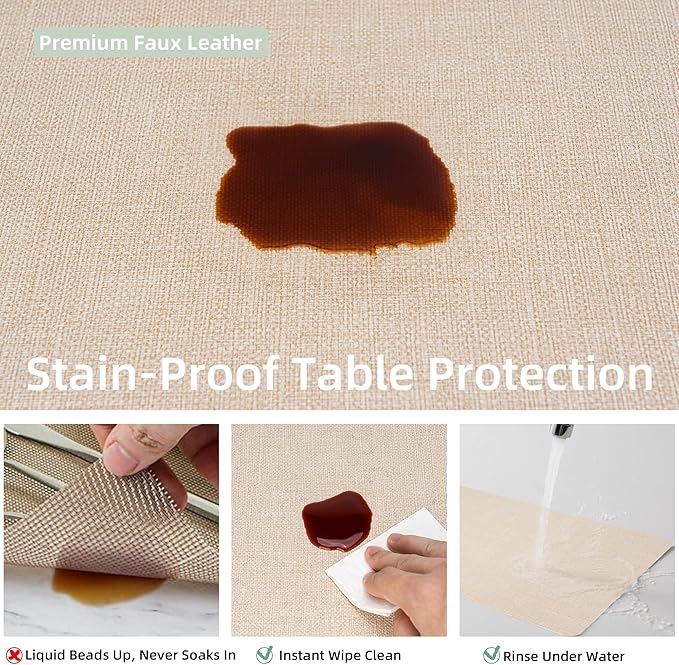 Heat Resistant Placemats Set of 6, 17x12in Waterproof Wipeable Faux Leather Non Slip Table Mats, Easy to Clean, Stain Resistant, for Kitchen Dining Room– Ivory Beige