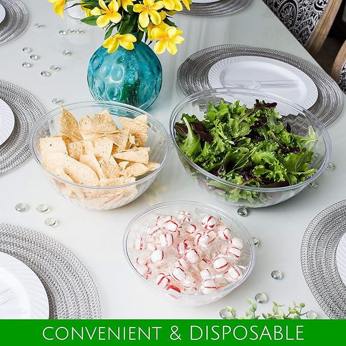 PLASTICPRO Disposable 150 Ounce Round Crystal Clear Plastic Serving Bowls, Party Snack or Salad Bowl, Chip Bowls, Snack Bowls, Candy Dish, Salad Container Pack of 8