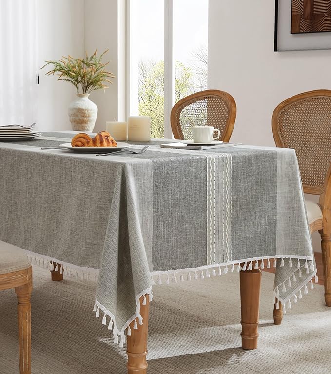 ZeeMart Contrast Linen Table Cloth Square Table Cloths 60x60 Inch Mid-Stripe Grey, Farmhouse Style Heavy Weight Grey Tablecloth, Water Resistant Burlap Tablecloths