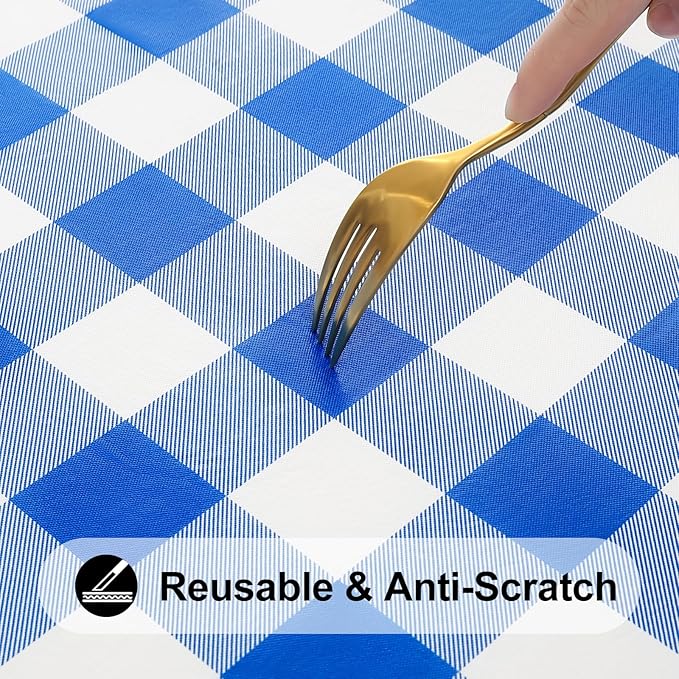 Smiry Rectangle Picnic Table Cloth, Elastic Waterproof Fitted Vinyl Tablecloths, Flannel Backed Buffalo Plaid Table Covers for Dining, Camping, Outdoor (White and Blue, 30" x 60")