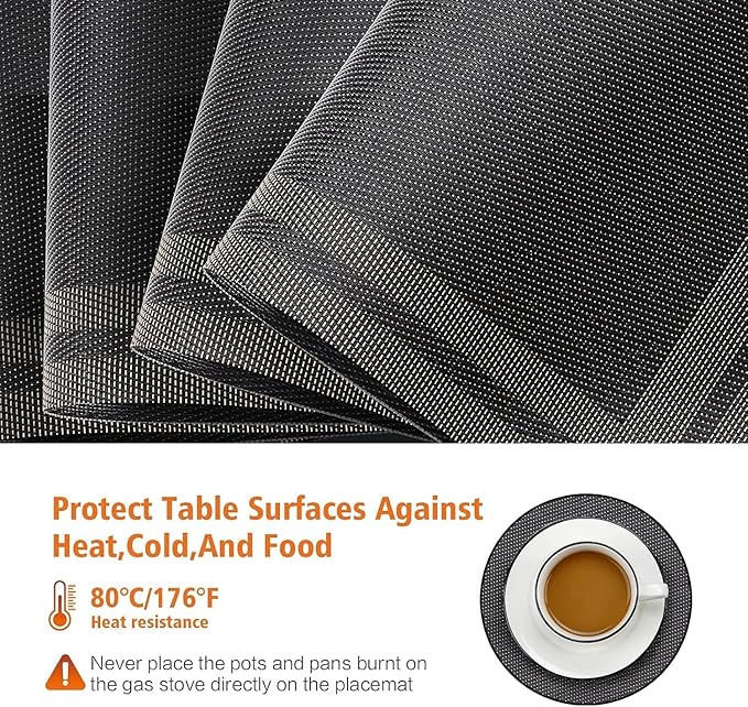 Placemats Set of 4,Washable,Heat and Stain Resistant Indoor/Outdoor Place mats,Vinyl Woven Non Slip Table Mats for Restaurant Table Protection,PVC Placemats(Black Gold,4PCS)