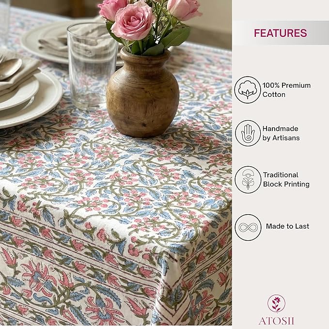 ATOSII Kalina 100% Cotton Square Tablecloth, Handblock Floral Print Linen Table Cloth for Kitchen I Dining Table I Tabletop I Parties I Wedding I Spring/Summer (60 X 60 Inches)