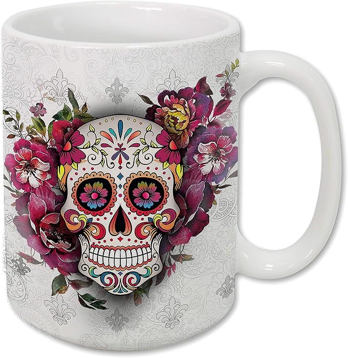 Sweet Gisele Sugar Skull Ceramic Mug, Floral Print Coffee Cup, Day of the Dead Design, Beautiful Colors, Great Novelty Gifts 15 Fl Oz White