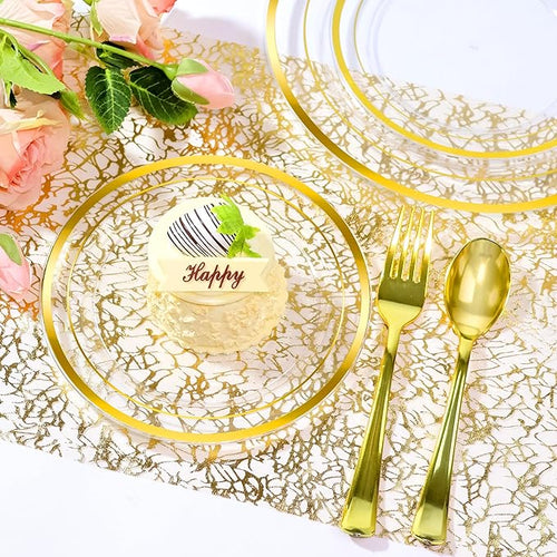 100 PCS Clear Gold Plastic Plates, Disposable Party Plates Include 50 Dinner Plate and 50 Dessert Plate Perfect for Holiday, Birthday, Wedding & Party