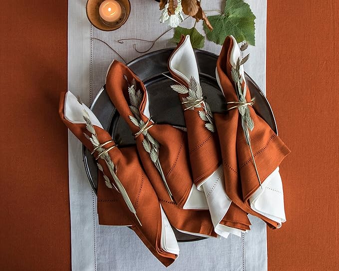 Solino Home Linen Napkins Set of 4 - Classic Hemstitch 100% Pure Linen Cinnamon Dinner Napkins Cloth 20 x 20 Inch for Winter - Handcrafted and Machine Washable