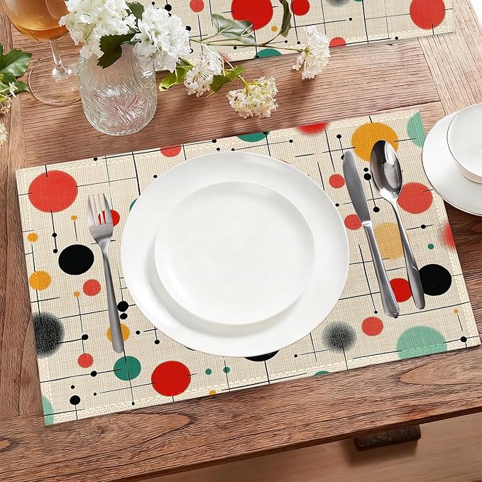 Mid Century Table Placemats Set of 6,Non-Slip Vintage Fabric Placemats for Dining Room Kitchen Party Holiday, Indoor Cloth Table Mats for Home Decor 11.8x17.7 Inch