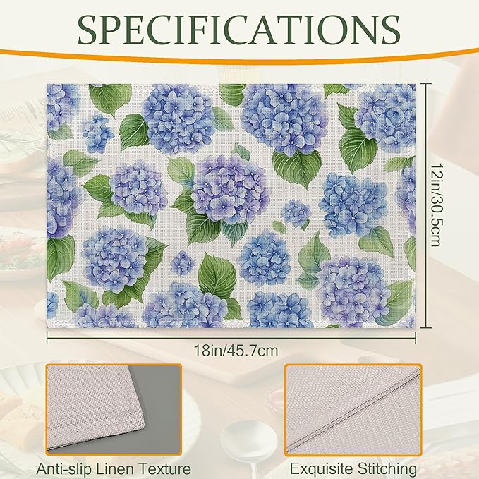 Blue Hydrangea Flower Fabric Placemats,Spring Floral Table Placemats Set of 6 Cloth Place Mats, Washable Heat-Resistant Table Mats for Home Kitchen Dining Room Decoration 11.8x17.7 Inch