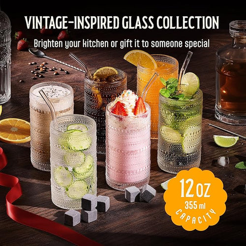 12 Oz Hobnail Drinking Glasses Set of 8 - Clear Multipurpose Glassware Sets, Decorative & Stylish Glasses Drinking Set for Bar, Kitchen, Cocktail Glassware, Garden - Home, Dining, & Kitchen