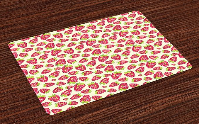 Ambesonne Strawberry Place Mats Set of 4, Tropical Summer Fruit Pattern Strawberry with Traditional Paisley Motifs, Washable Fabric Placemats for Dining Table, Standard Size, Dark Pink