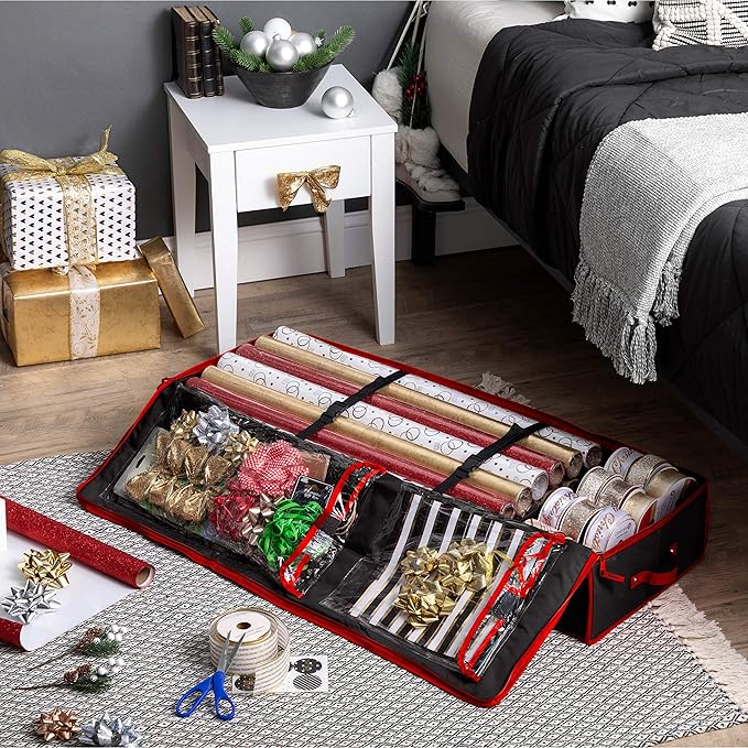 ZOBER Gift Wrapping Paper Organizer Storage - 40" Gift Wrap Storage Containers with Interior Pockets for Bows, Tags & Ribbons - Wrapping Paper Holder, 600D Oxford, Fits 24 Standard Rolls, Black/Red